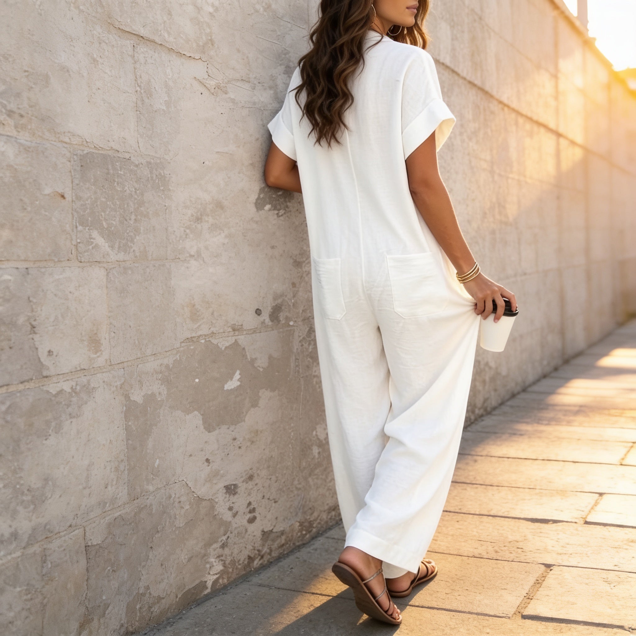 QUEENWAY | Wide-Leg Button-Front Shirt Collar Jumpsuit