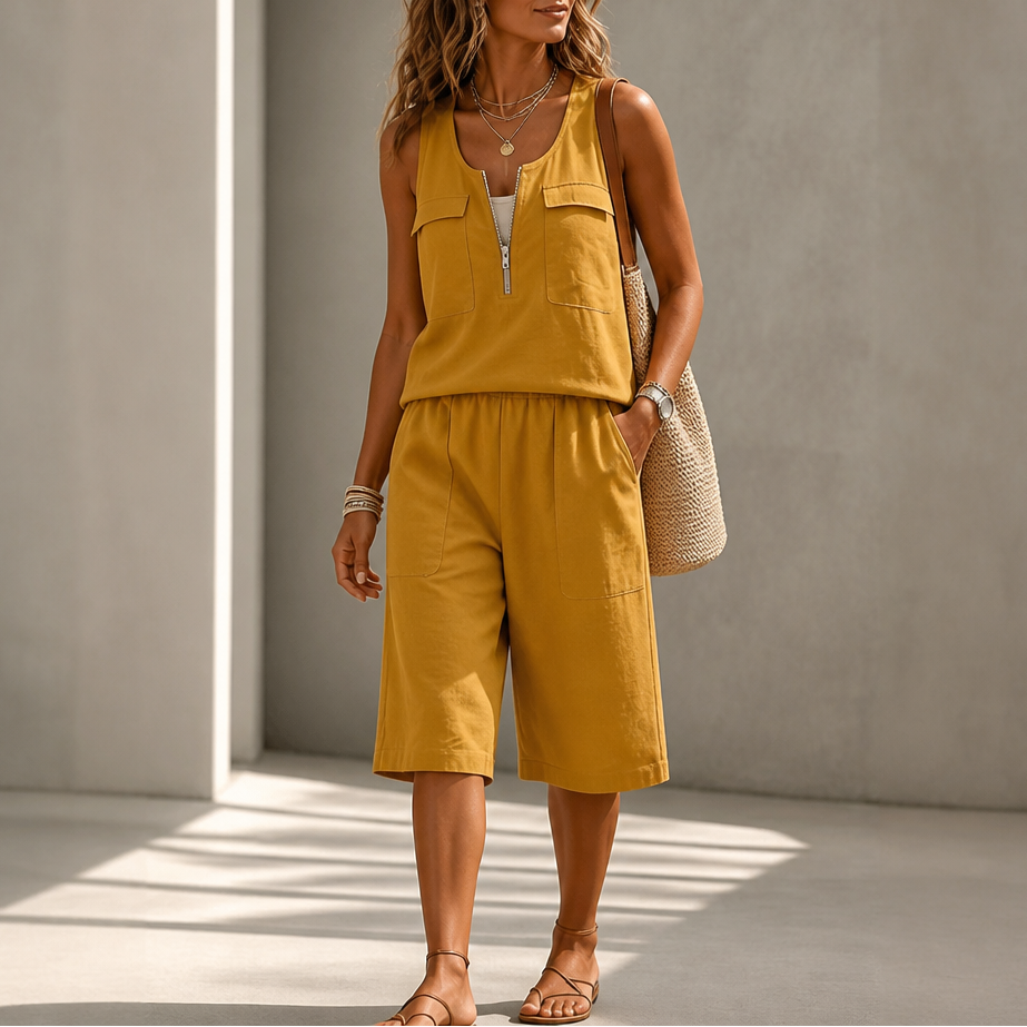 Half-Zip Sleeveless Top And Shorts Set