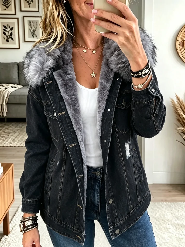 QUEENWAY | Women's Faux Fur Collar Fleece-Lined Denim Jacket