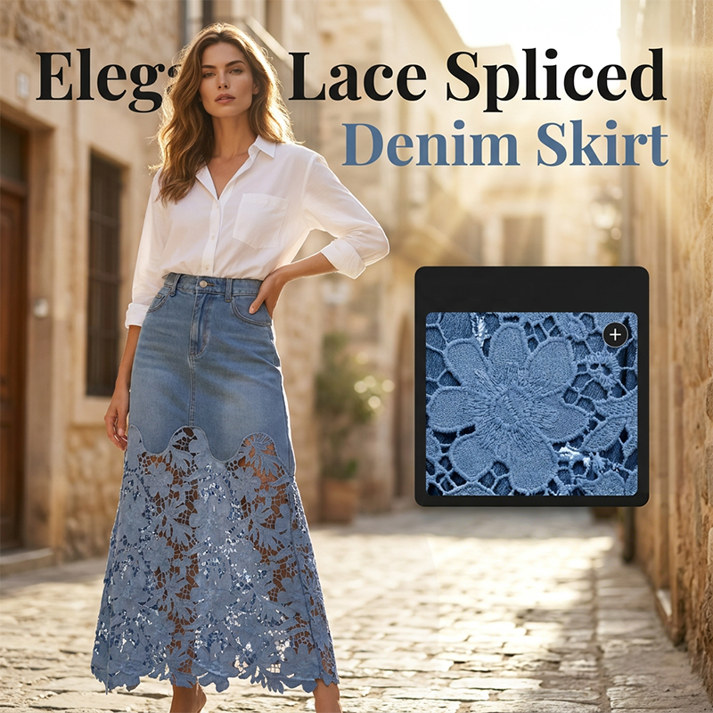 2026 Women's Denim Bodycon Skirt With Lace Trim