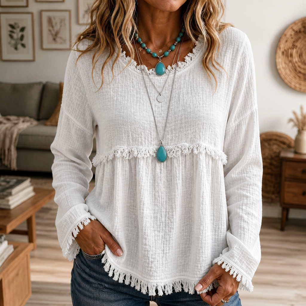 Fringe Trim V-Neck Long Sleeve Top
