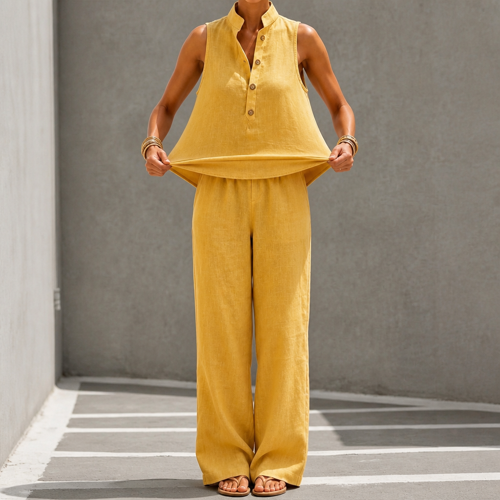 Stand-Collar Top And Wide-Leg Pants Set