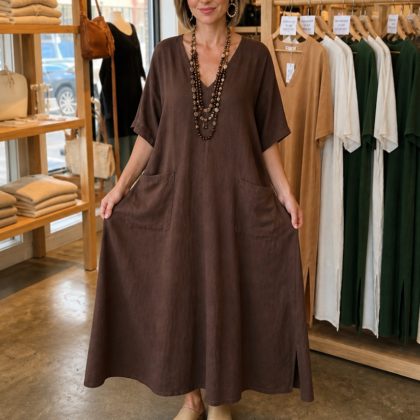 Pocketed Loose-Fit V-Neck Maxi Dress