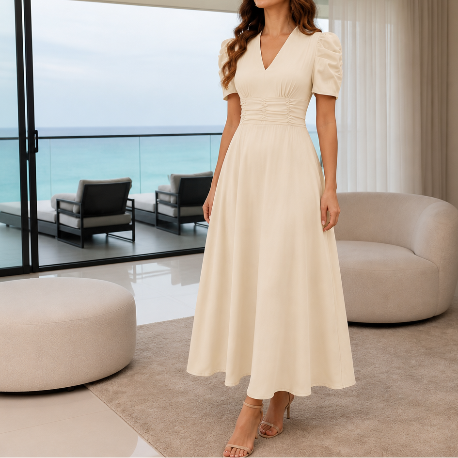 QUEENWAY | Ruched Waist Puff Sleeve V-Neck Midi Dress
