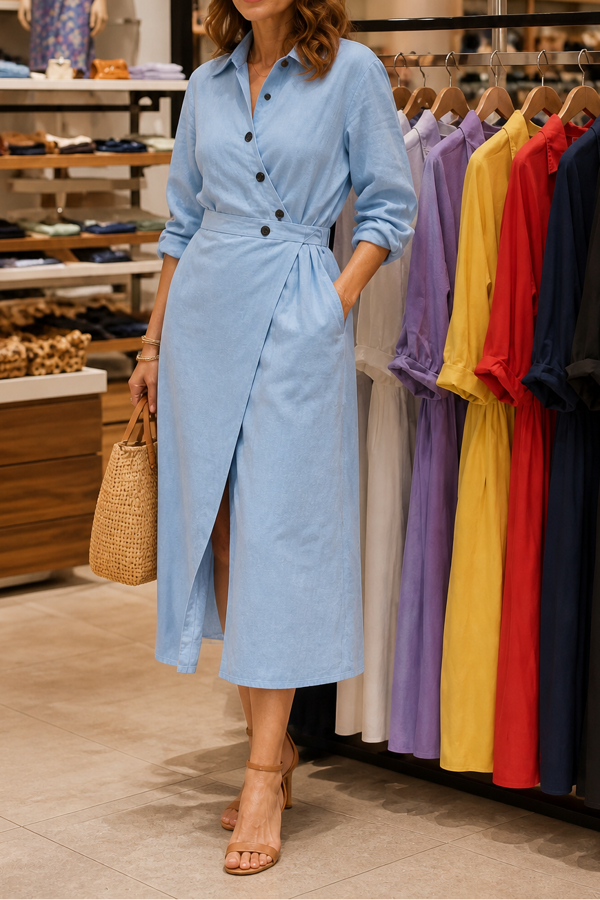 QUEENWAY | Wrap-Belt A-Line Midi Shirt Dress With Pockets