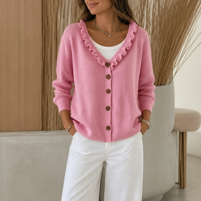 QUEENWAY | Ruffle Collar Stretch-Knit Cardigan