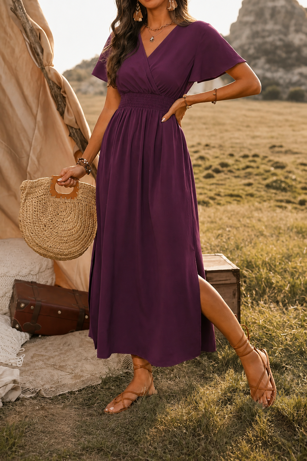 QUEENWAY | Button-Front V-Neck Side Slit Maxi Dress