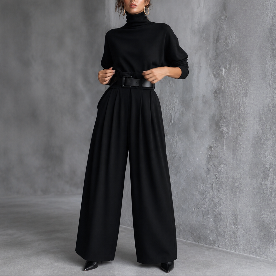 QUEENWAY | High-Waist Turtleneck And Trouser Set With Belt