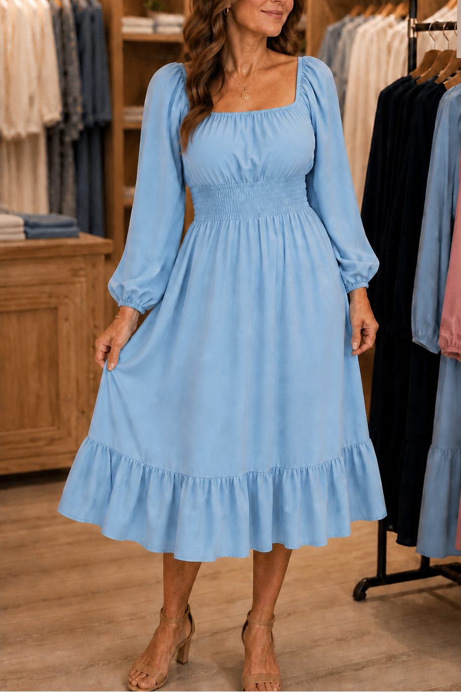 QUEENWAY | Smocked Square Neck Ruffled Midi Dress