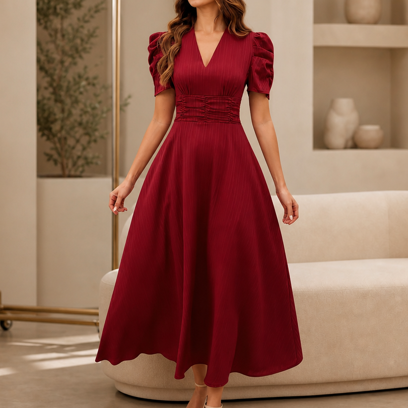QUEENWAY | Ruched Waist Puff Sleeve V-Neck Midi Dress