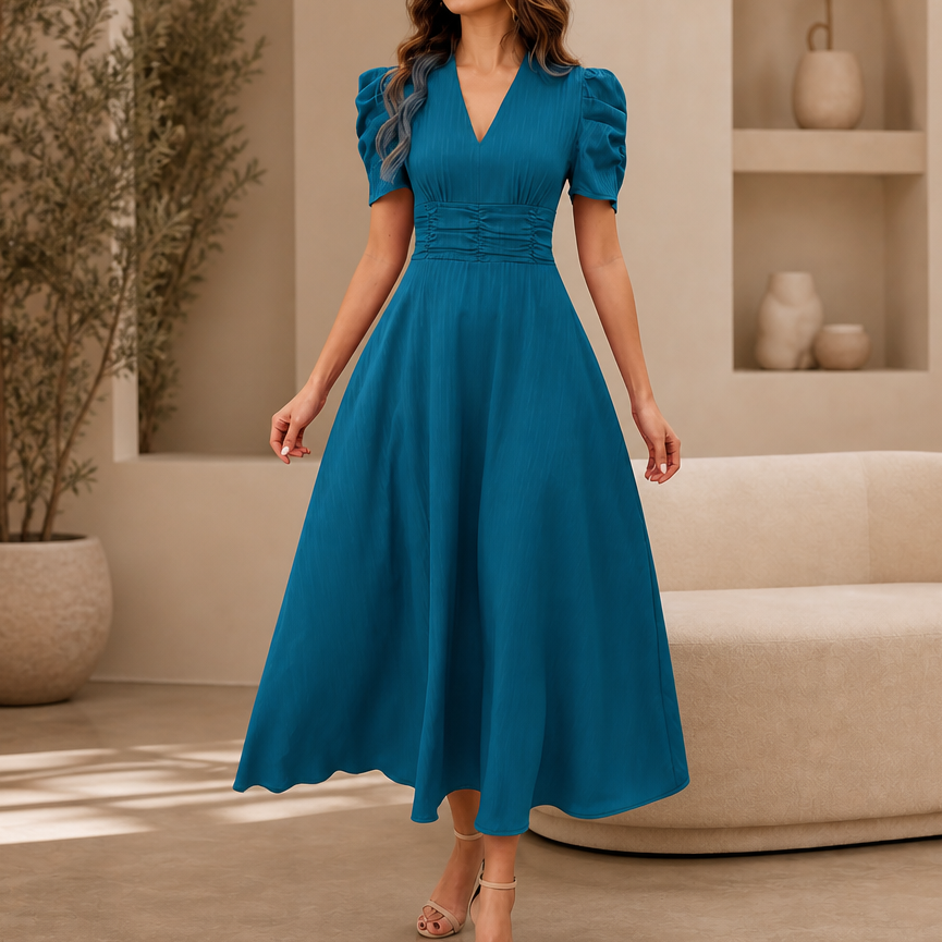 QUEENWAY | Ruched Waist Puff Sleeve V-Neck Midi Dress