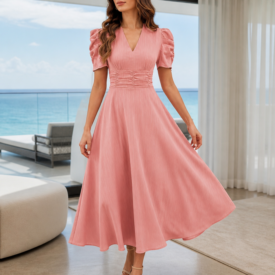 QUEENWAY | Ruched Waist Puff Sleeve V-Neck Midi Dress