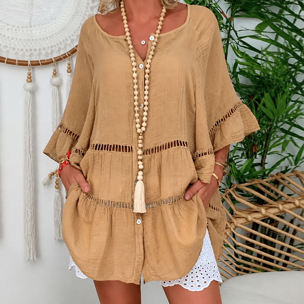Crochet-Trim Button-Front Tunic Dress