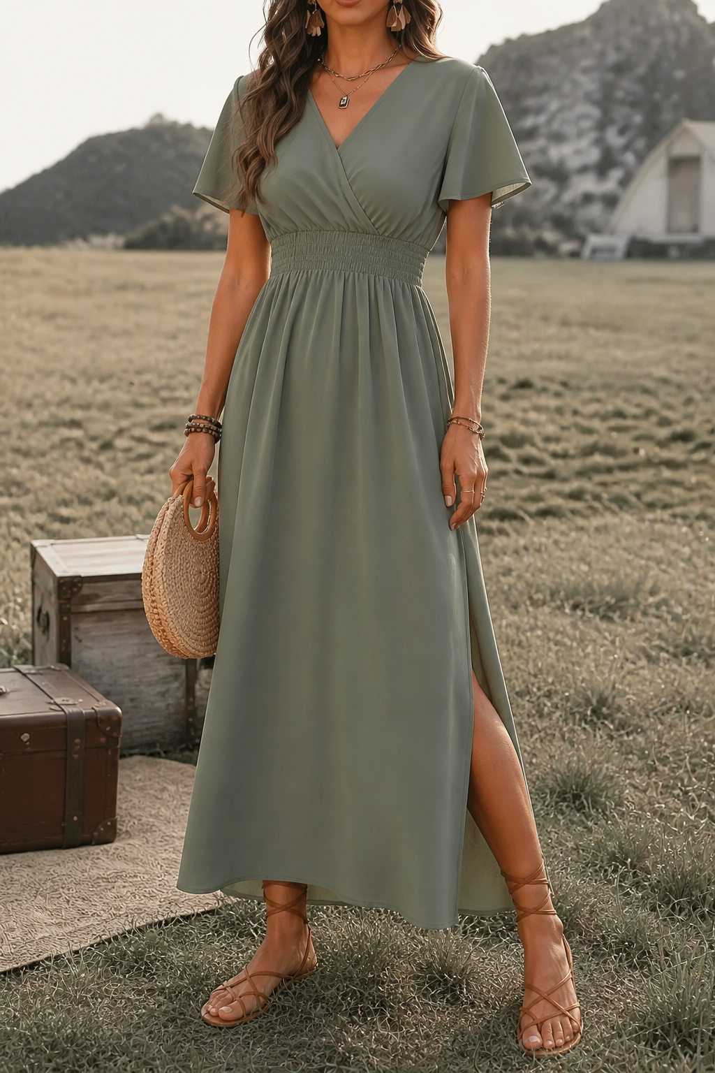 QUEENWAY | Button-Front V-Neck Side Slit Maxi Dress