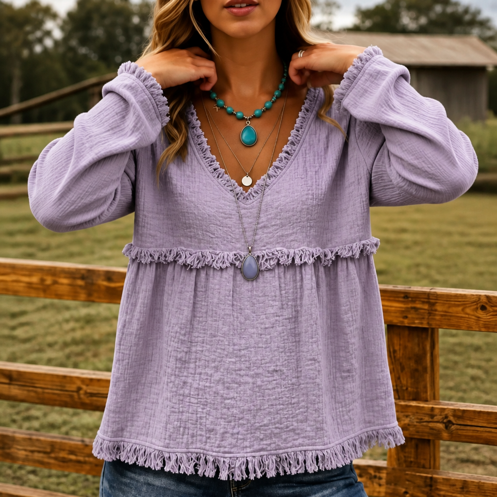 Fringe Trim V-Neck Long Sleeve Top