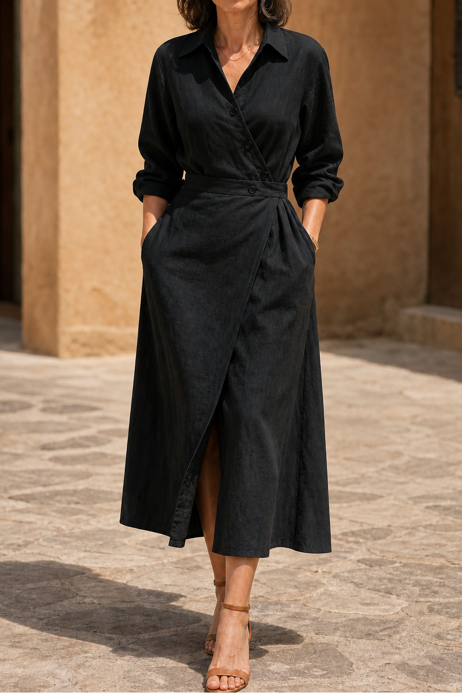 QUEENWAY | Wrap-Belt A-Line Midi Shirt Dress With Pockets