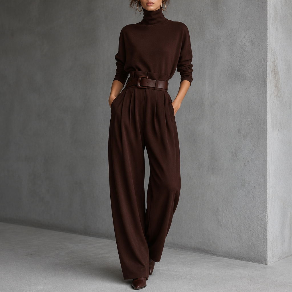 QUEENWAY | High-Waist Turtleneck And Trouser Set With Belt