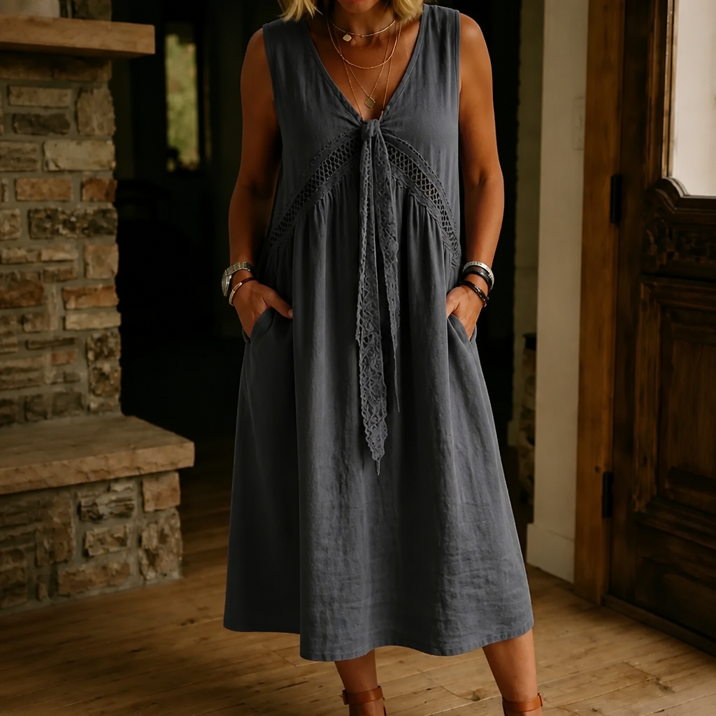 Lace-Trim V-Neck Sleeveless Midi Dress