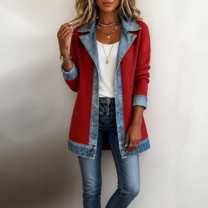 QUEENWAY | Ribbed Knit Coat With Denim Panels
