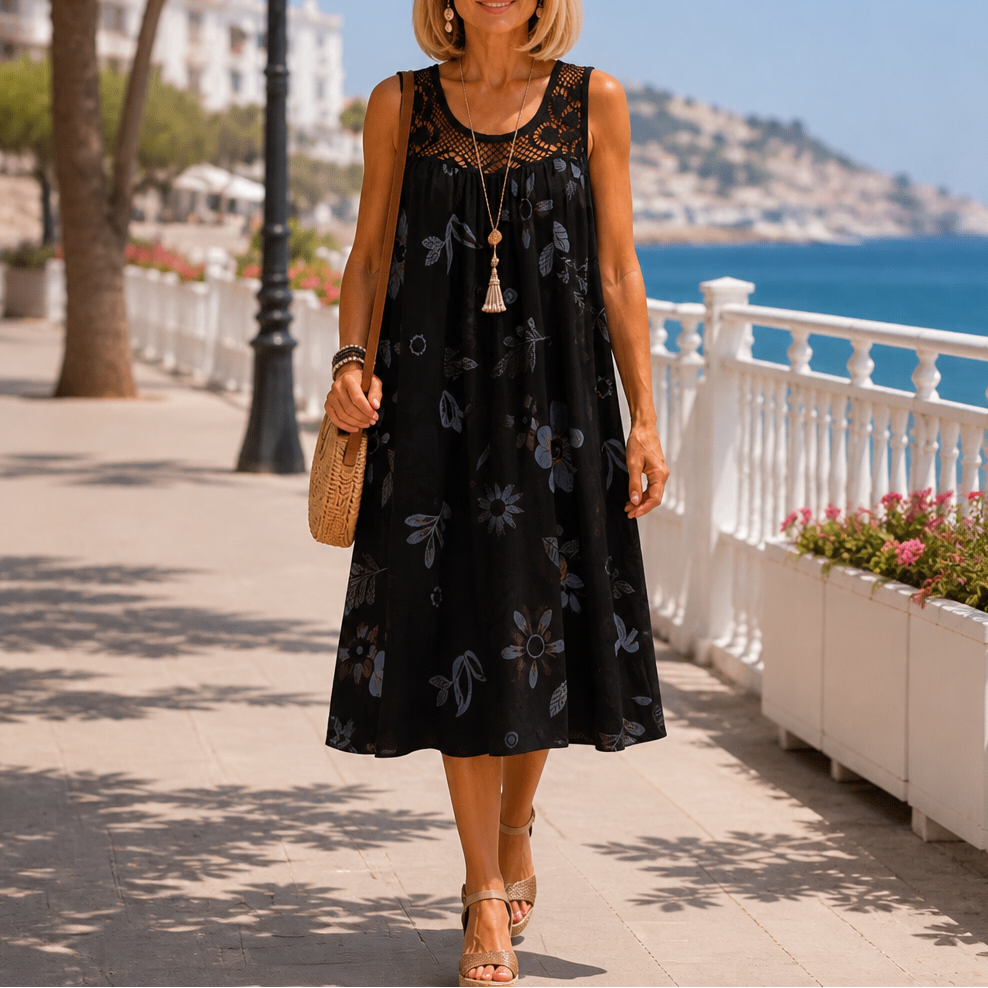 Floral Lace-Yoke Sleeveless Shift Dress