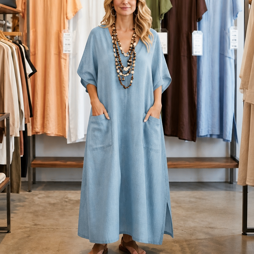 Pocketed Loose-Fit V-Neck Maxi Dress
