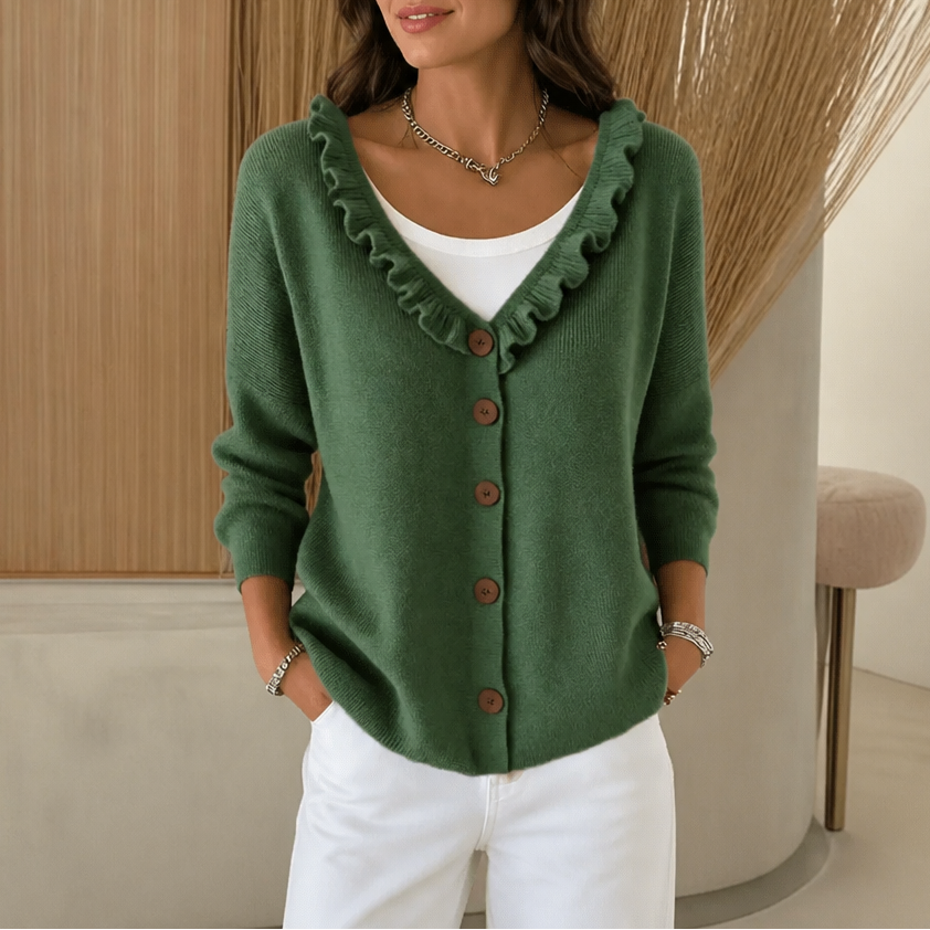 QUEENWAY | Ruffle Collar Stretch-Knit Cardigan