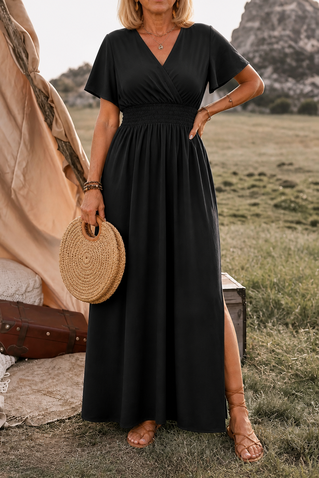 QUEENWAY | Button-Front V-Neck Side Slit Maxi Dress
