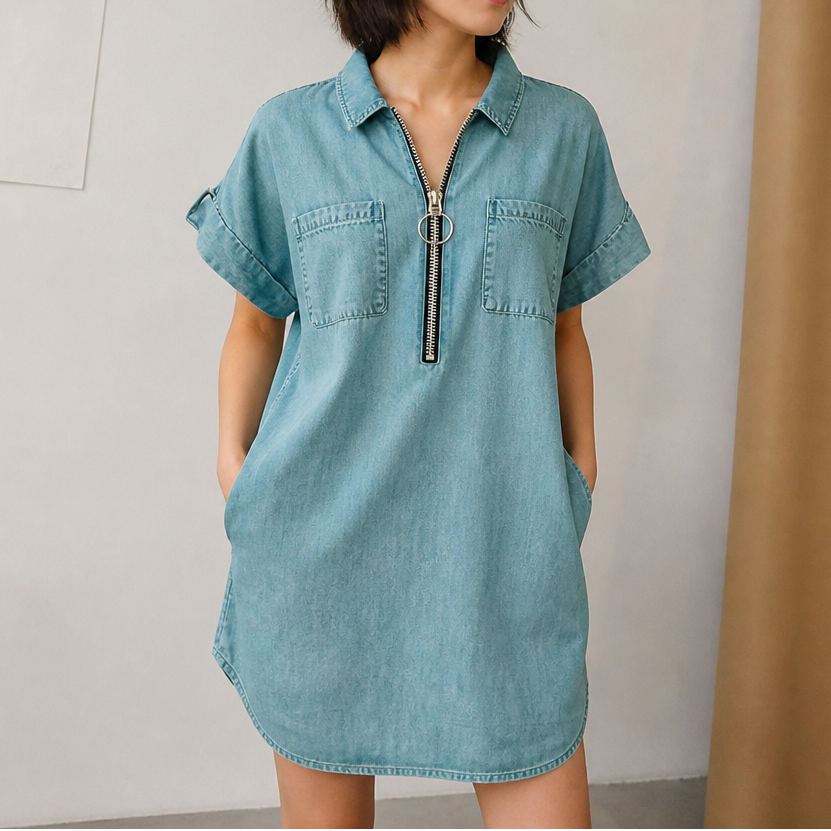 Adjustable Zip-Front Denim Shift Dress