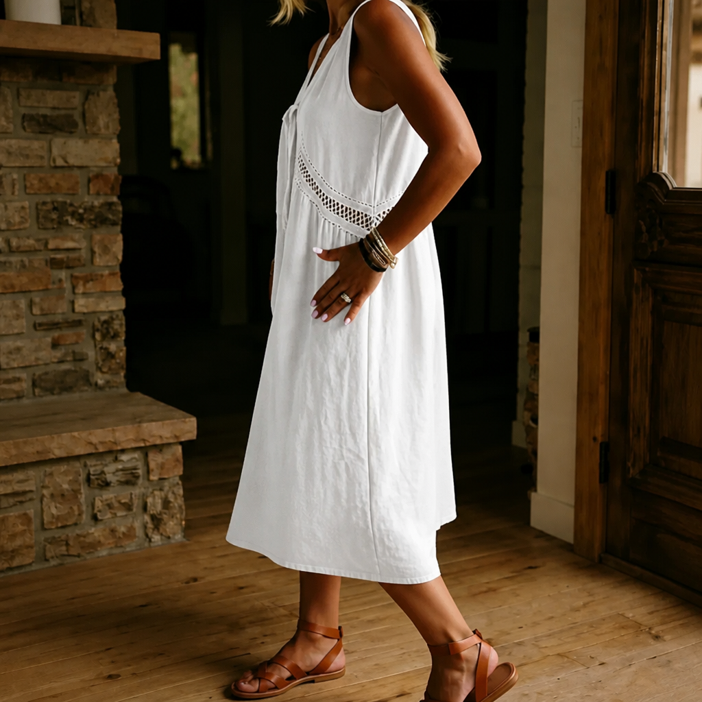 Lace-Trim V-Neck Sleeveless Midi Dress