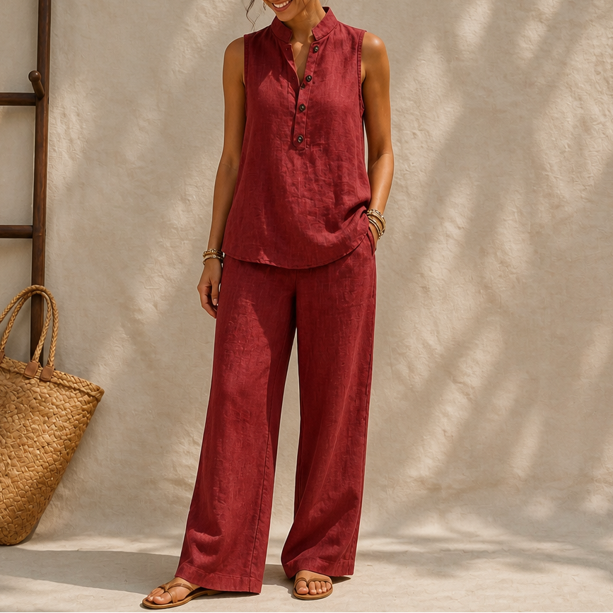 Stand-Collar Top And Wide-Leg Pants Set