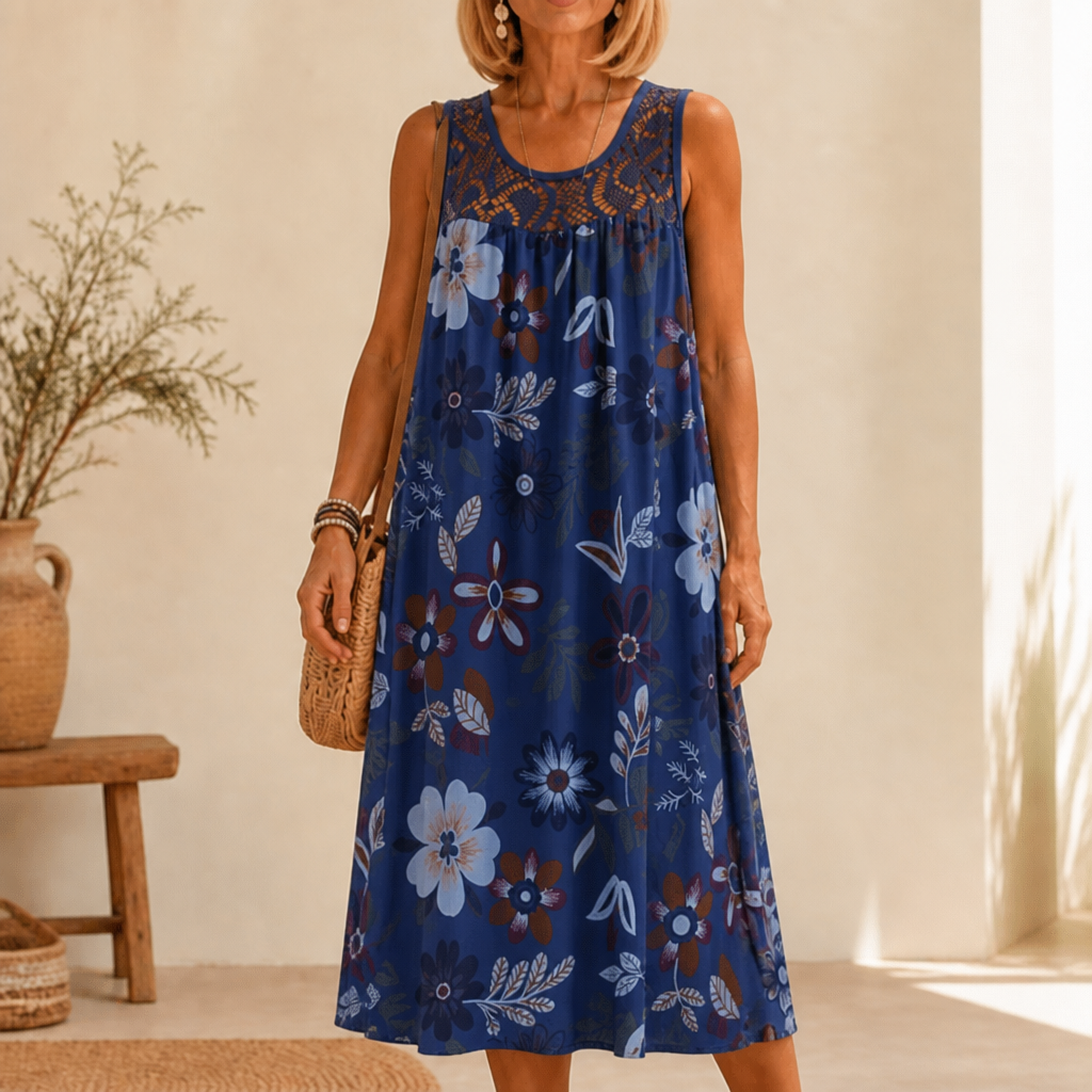 Floral Lace-Yoke Sleeveless Shift Dress