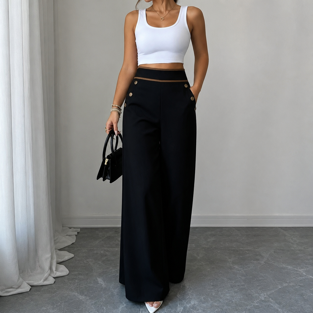 Contrast-Trim High-Waisted Wide-Leg Trousers
