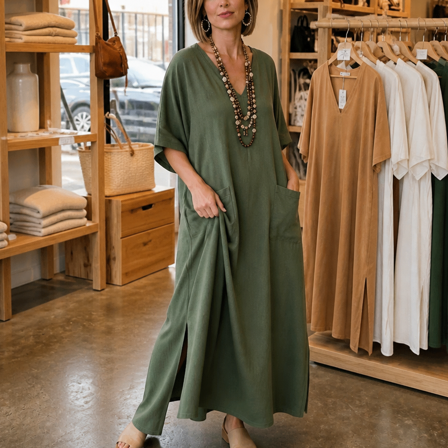 Pocketed Loose-Fit V-Neck Maxi Dress
