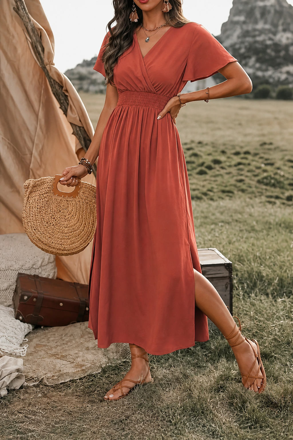 QUEENWAY | Button-Front V-Neck Side Slit Maxi Dress
