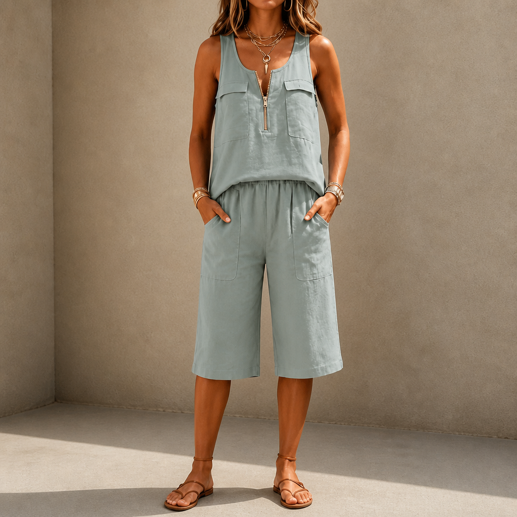Half-Zip Sleeveless Top And Shorts Set