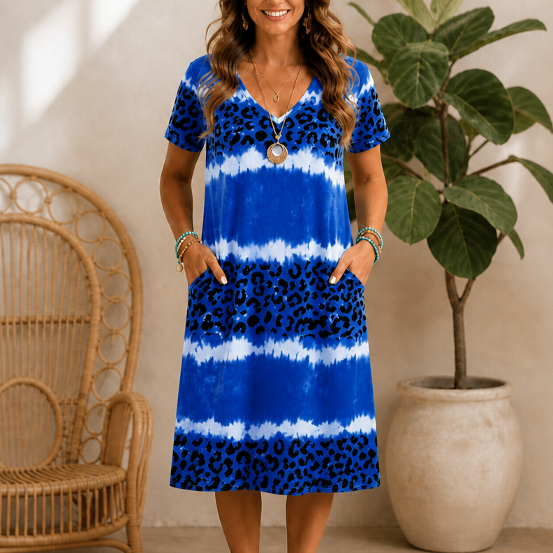 Tie-Dye Leopard Print V-Neck Knit Dress