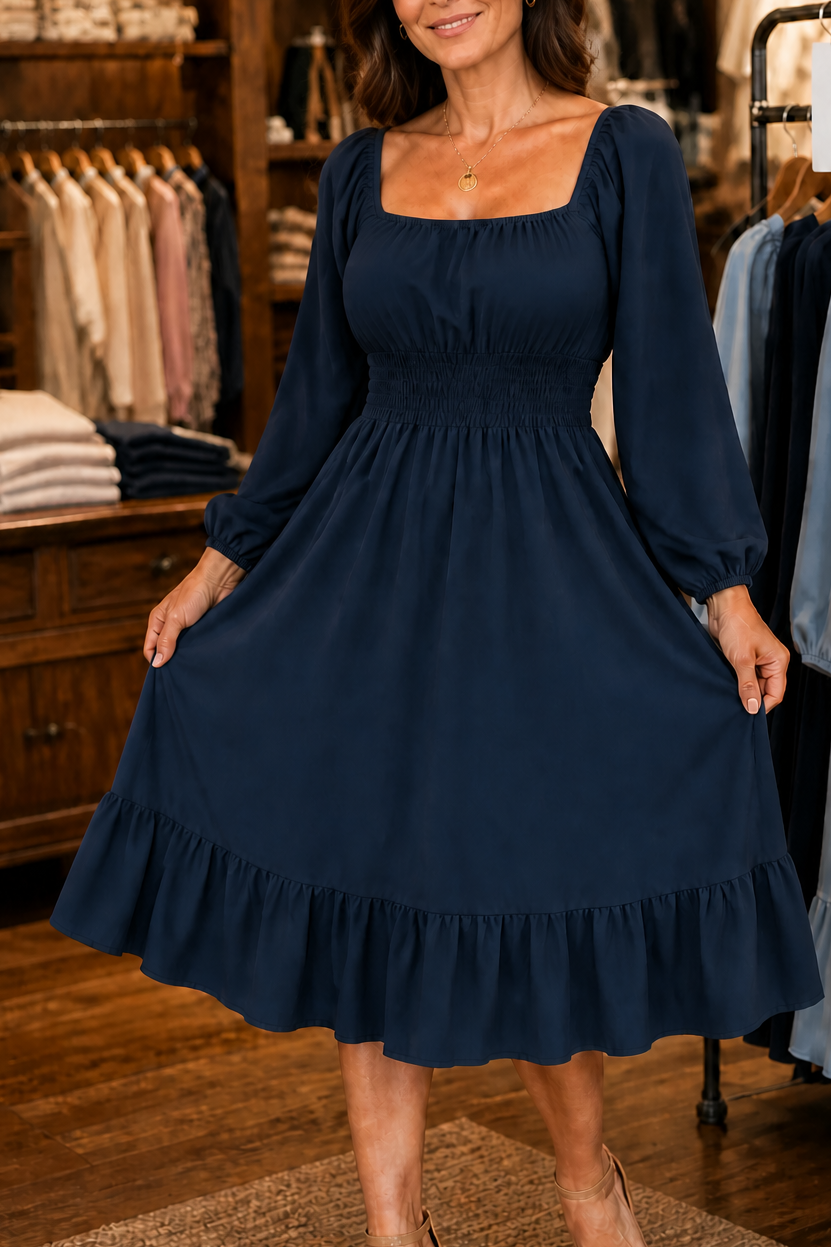 QUEENWAY | Smocked Square Neck Ruffled Midi Dress
