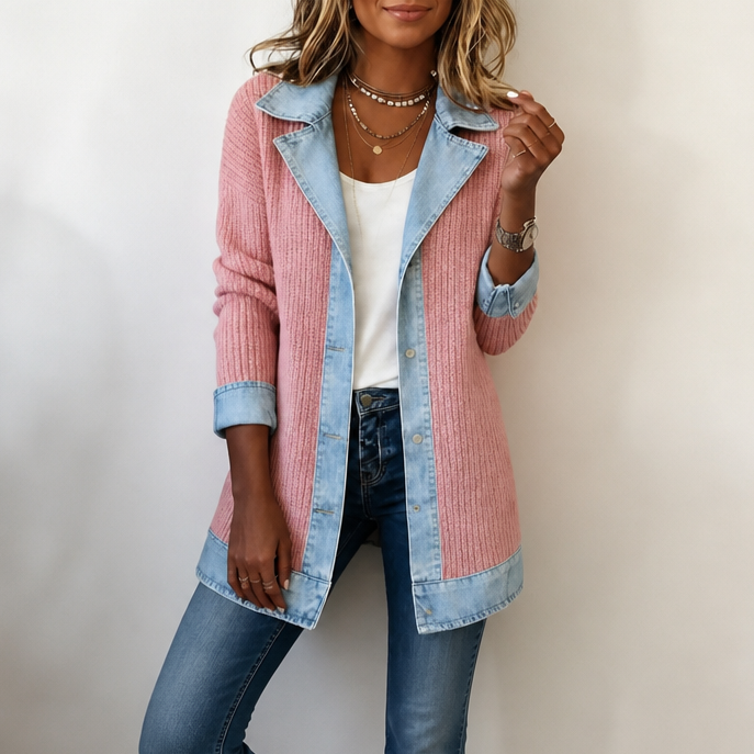 QUEENWAY | Ribbed Knit Coat With Denim Panels