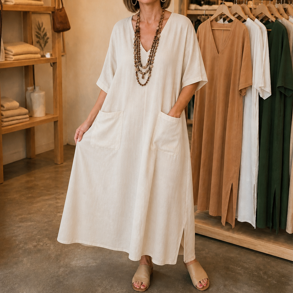 Pocketed Loose-Fit V-Neck Maxi Dress