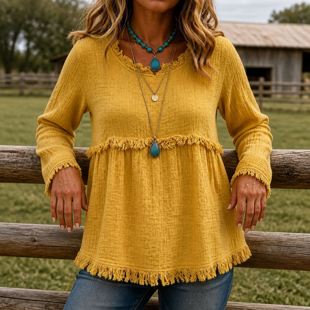 Fringe Trim V-Neck Long Sleeve Top