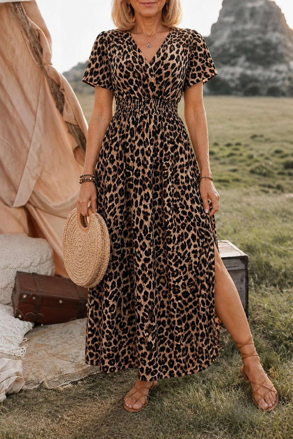 QUEENWAY | Button-Front V-Neck Side Slit Maxi Dress