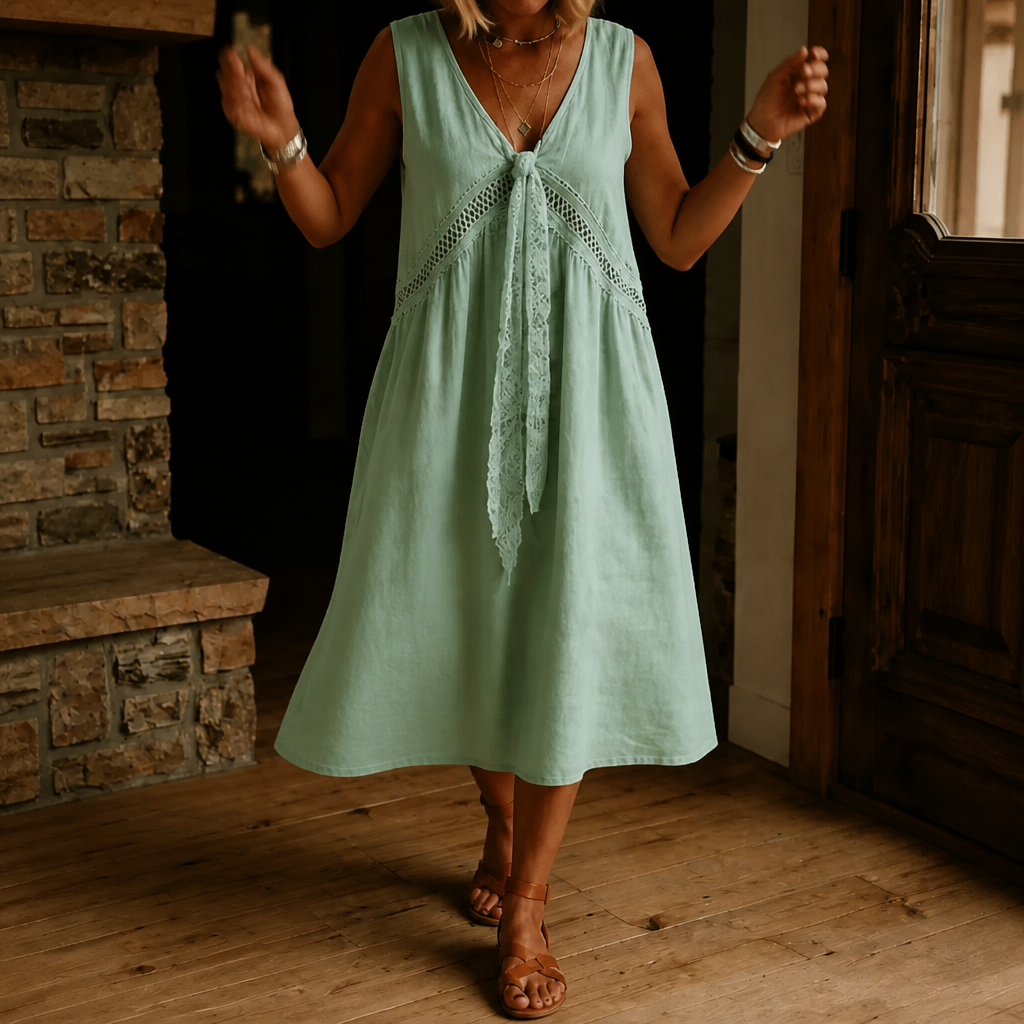 Lace-Trim V-Neck Sleeveless Midi Dress
