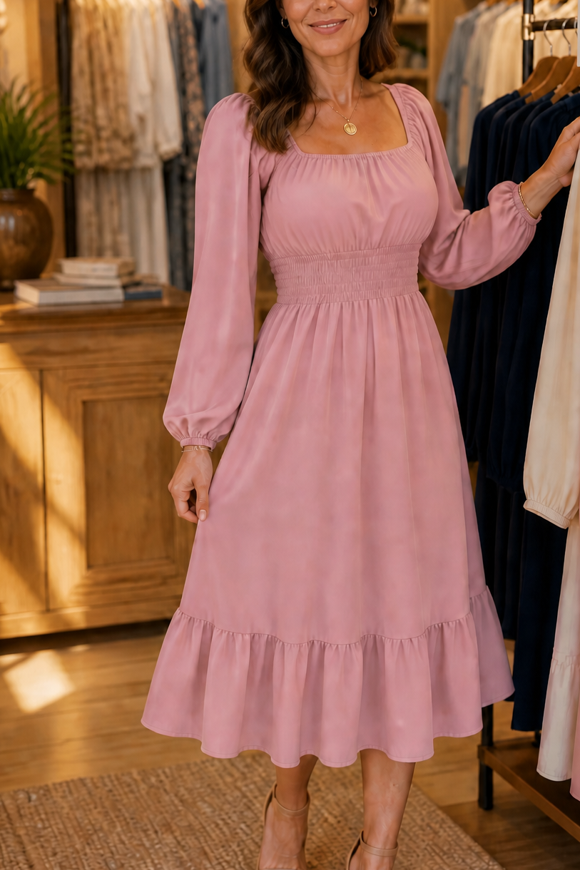 QUEENWAY | Smocked Square Neck Ruffled Midi Dress