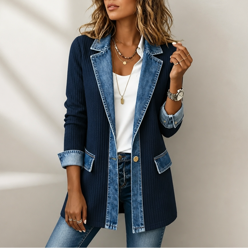 QUEENWAY | Ribbed Knit Coat With Denim Panels