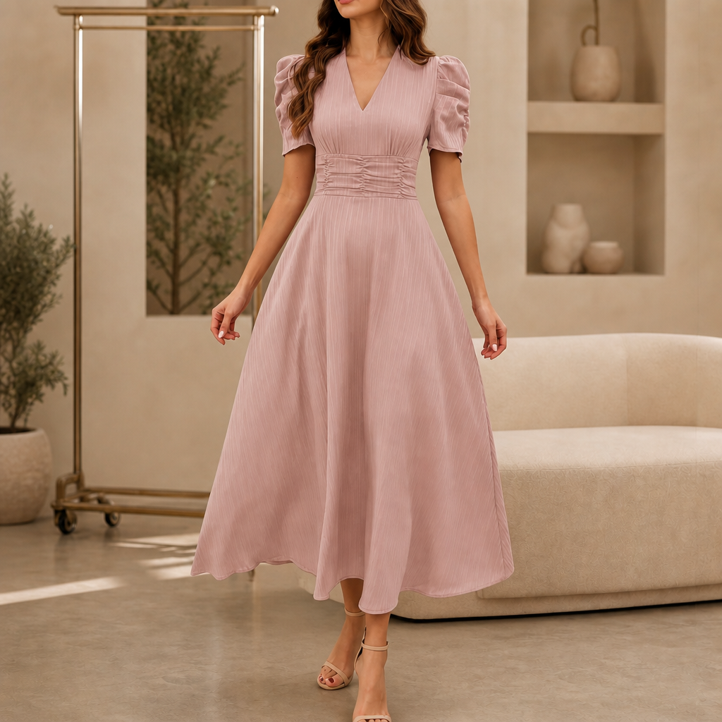 QUEENWAY | Ruched Waist Puff Sleeve V-Neck Midi Dress