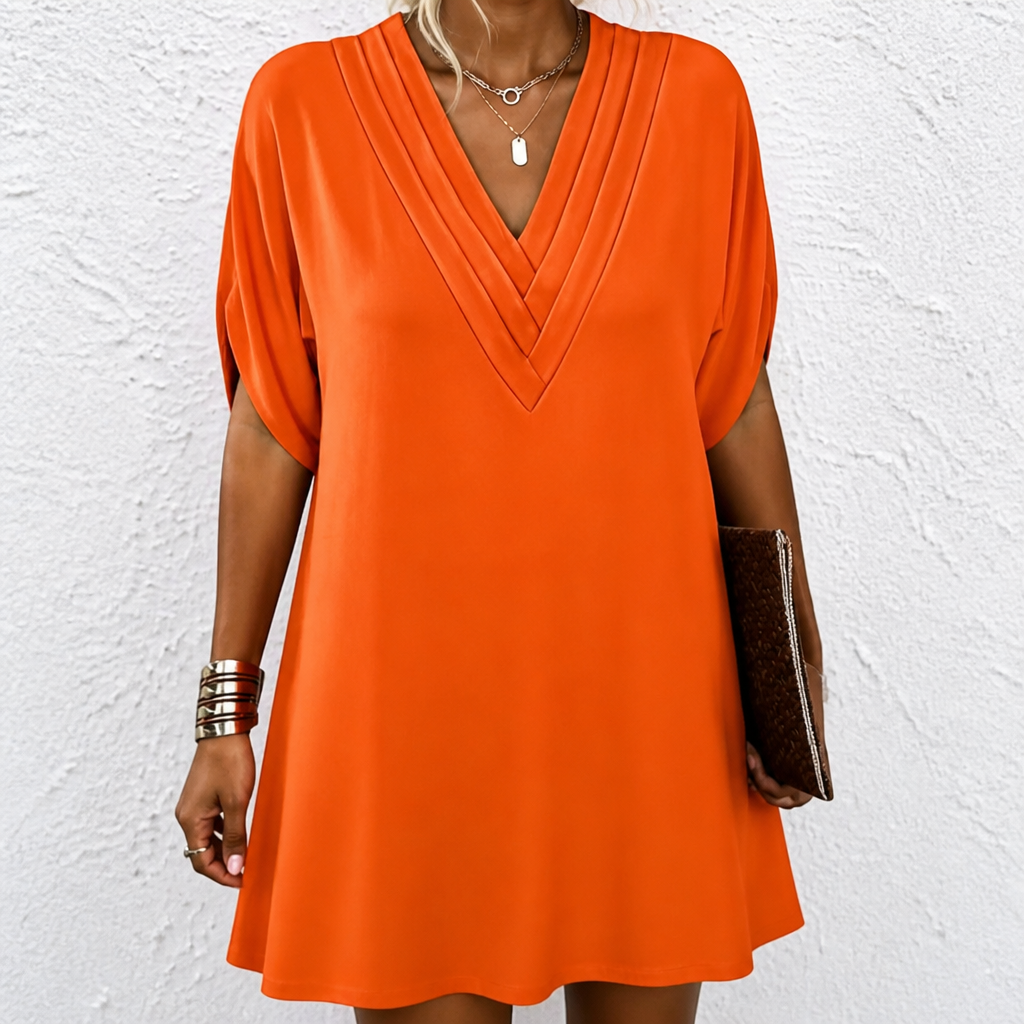 Pleated V-Neck Batwing Sleeve Mini Dress