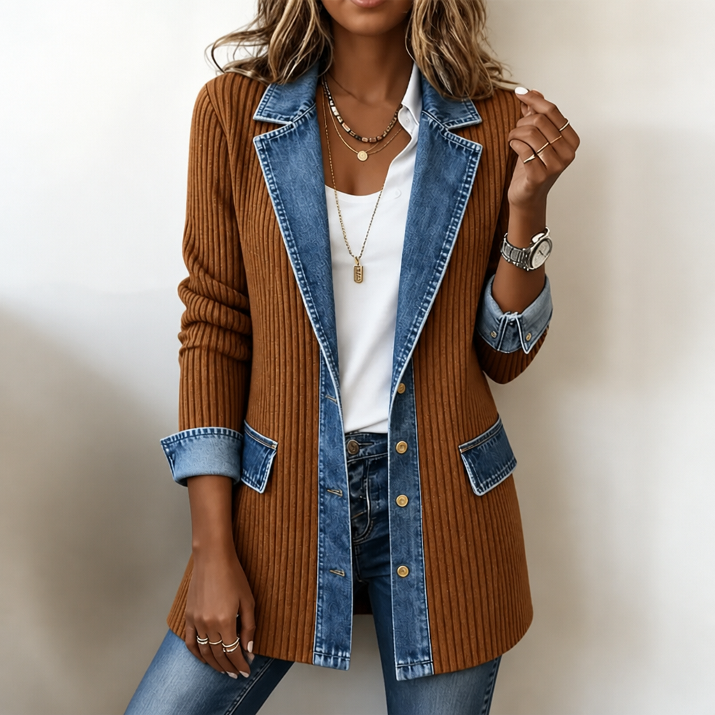 QUEENWAY | Ribbed Knit Coat With Denim Panels