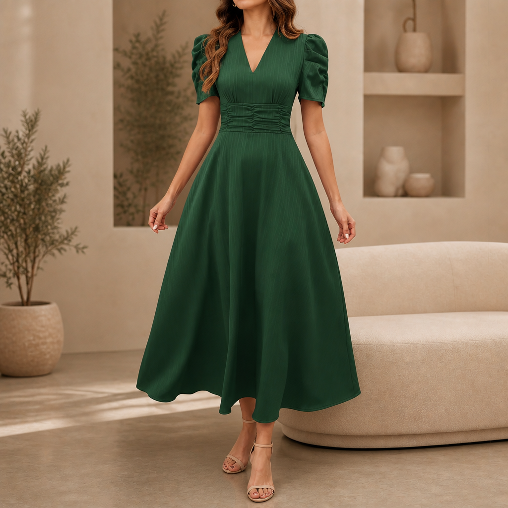 QUEENWAY | Ruched Waist Puff Sleeve V-Neck Midi Dress
