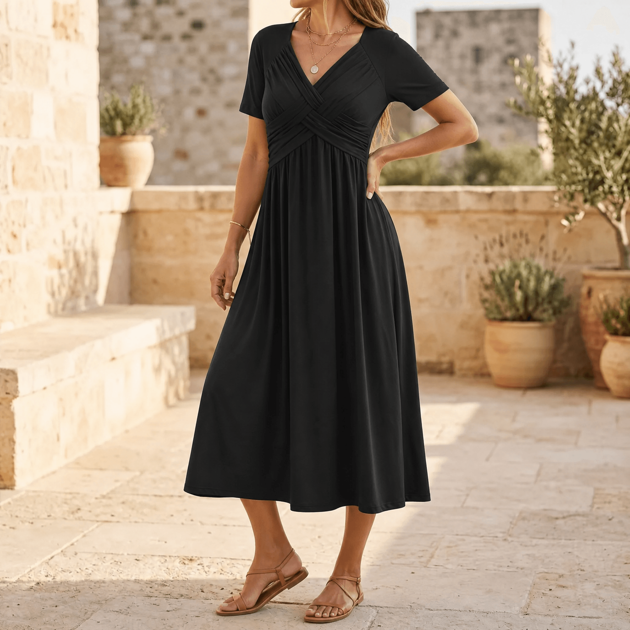 Crossover V-Neck Midi Dress with Pockets