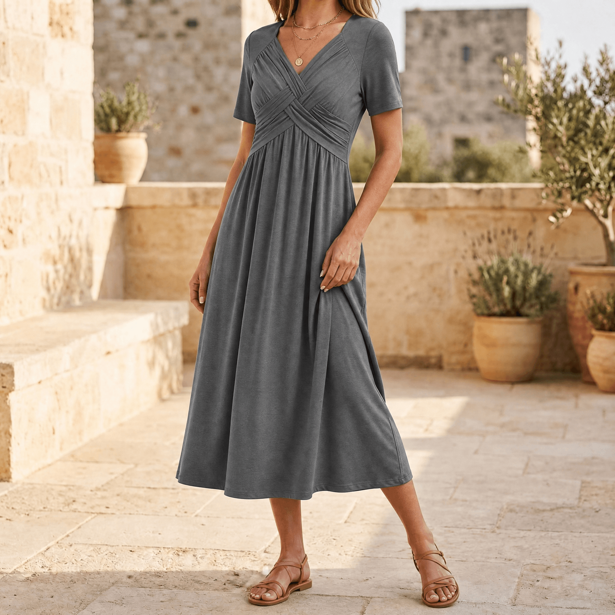 Crossover V-Neck Midi Dress with Pockets